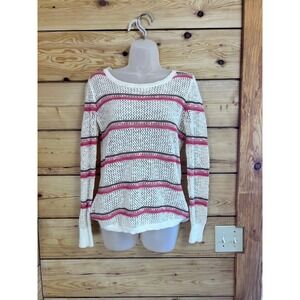 Cleo Womens XS Striped Open Knit Sweater Pink Olive Cream Ramie Cotton Blend
